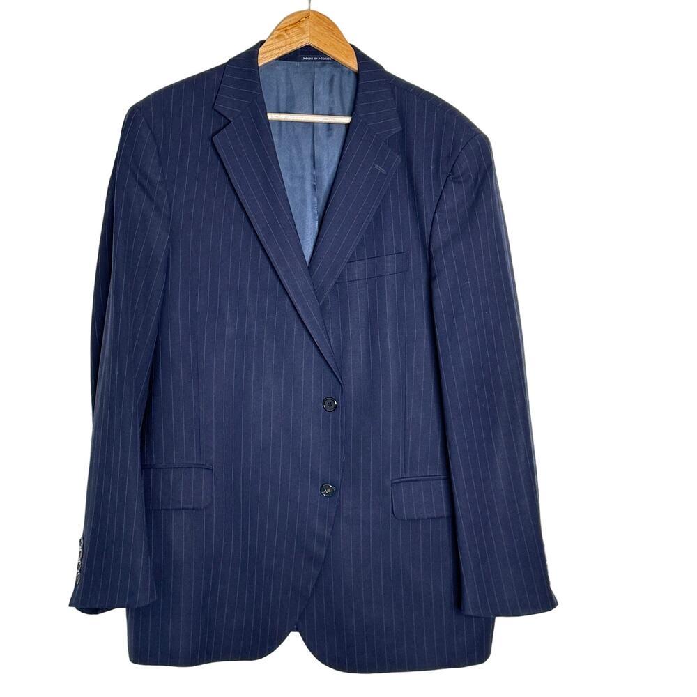 Lands End Sports Coat Mens 46R Blue Pinstriped 100% Wool Business Career Blazer